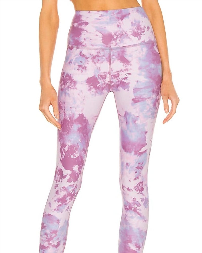 Front of a model wearing a size L Olympus High Waisted Midi Leggings in Orchid Haze in Orchid Haze by Beyond Yoga. | dia_product_style_image_id:344831